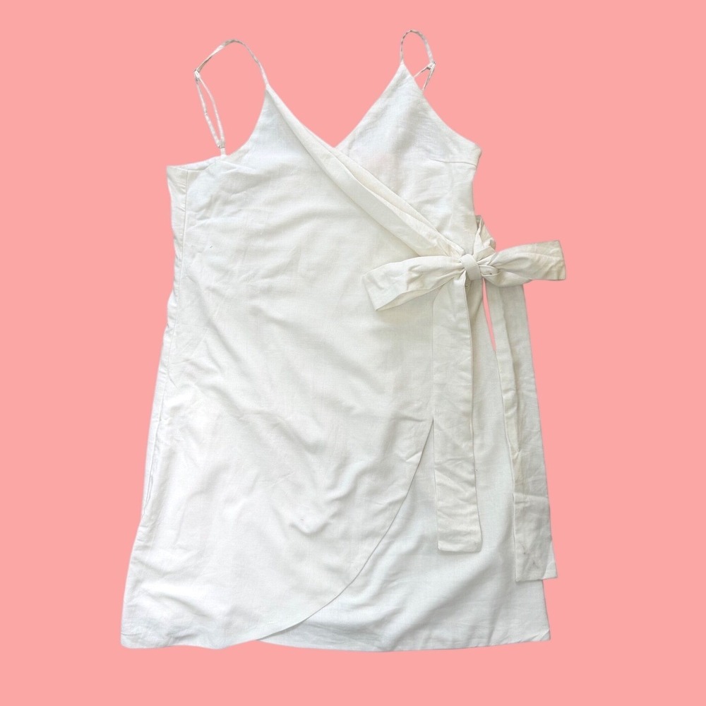 Showpo Letting Down Easy Dress 14 Creamy White Linen Blend Wrap Mini Straps